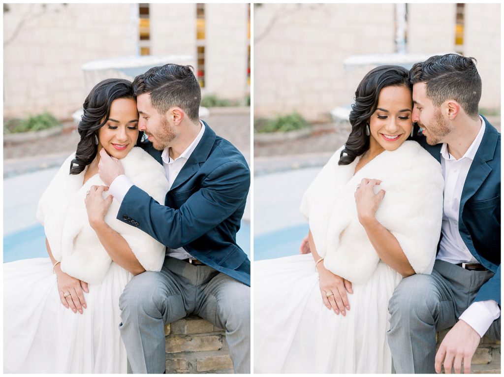 groom nuzzles with his bride for a Gorgeous Downtown San Antonio Engagement Session with Monica Roberts Photography