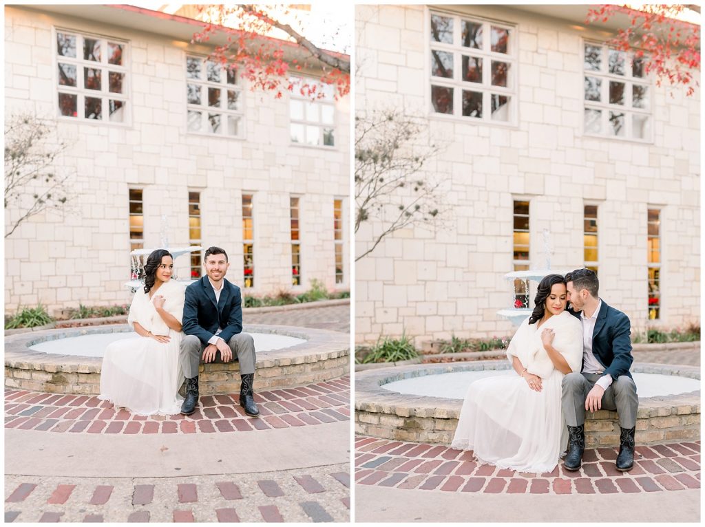 stylish couple takes a photo by fountain for a Gorgeous Downtown San Antonio Engagement Session with Monica Roberts Photography