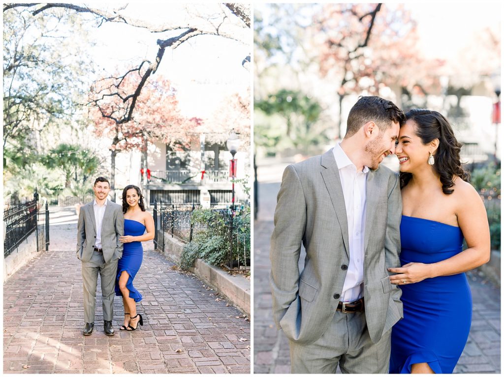 Couple snuggled up with each other for a Gorgeous Downtown San Antonio Engagement Session with Monica Roberts Photography