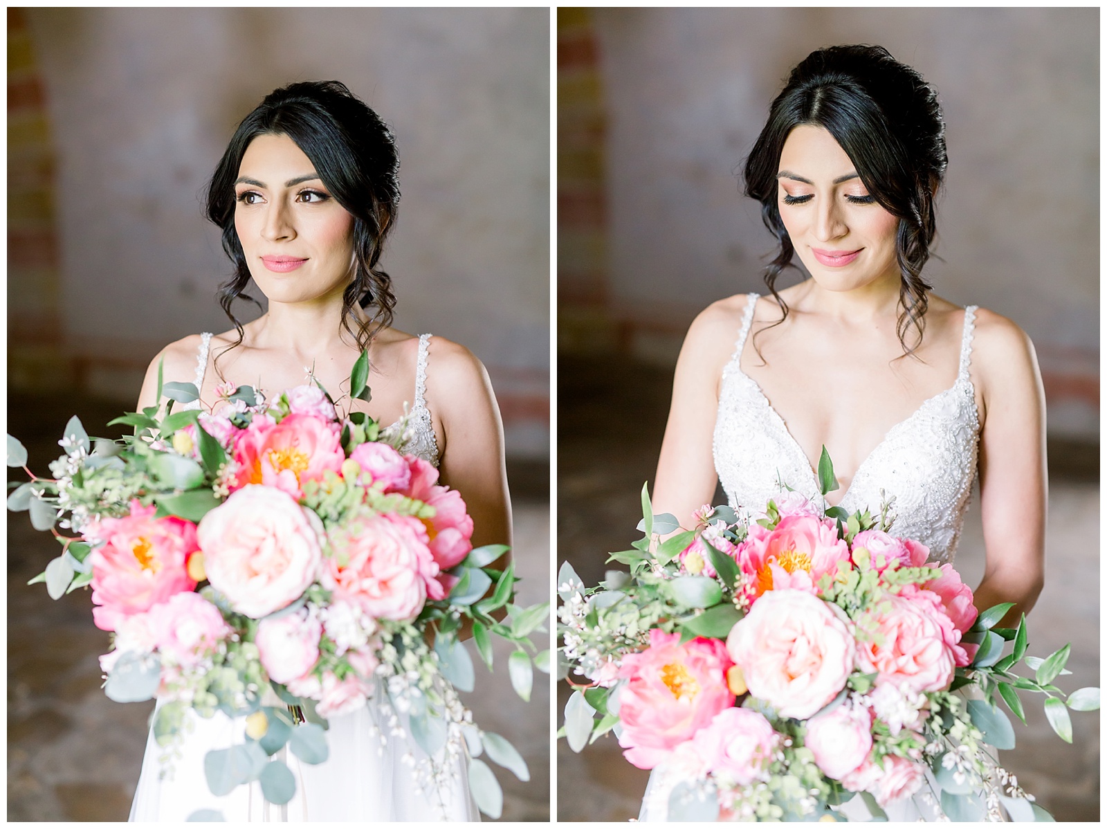 Bride holding her wedding bouquet for her Spanish Missions Bridal Portraits in San Antonio, TX with Monica Roberts Photography | www.monicaroberts.com