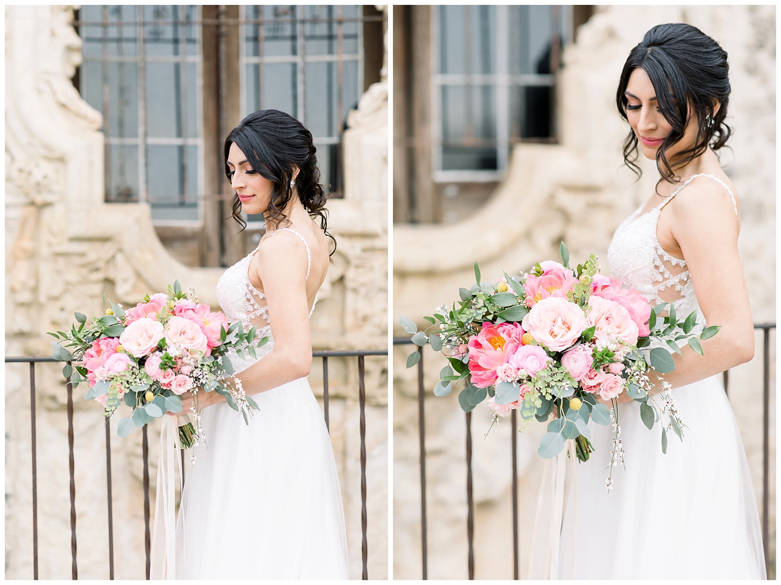 Beautiful Pink and Orange fine art bouquet for her Spanish Missions Bridal Portraits in San Antonio, TX with Monica Roberts Photography | www.monicaroberts.com