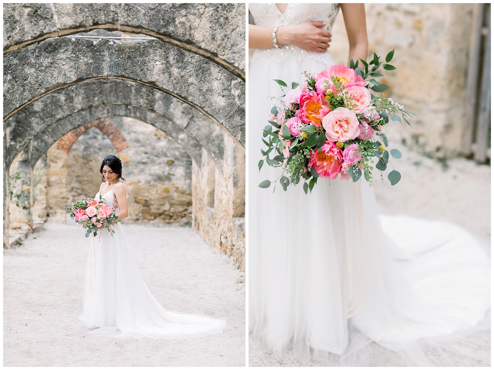 Bride standing under arches for her Spanish Missions Bridal Portraits in San Antonio, TX with Monica Roberts Photography | www.monicaroberts.com