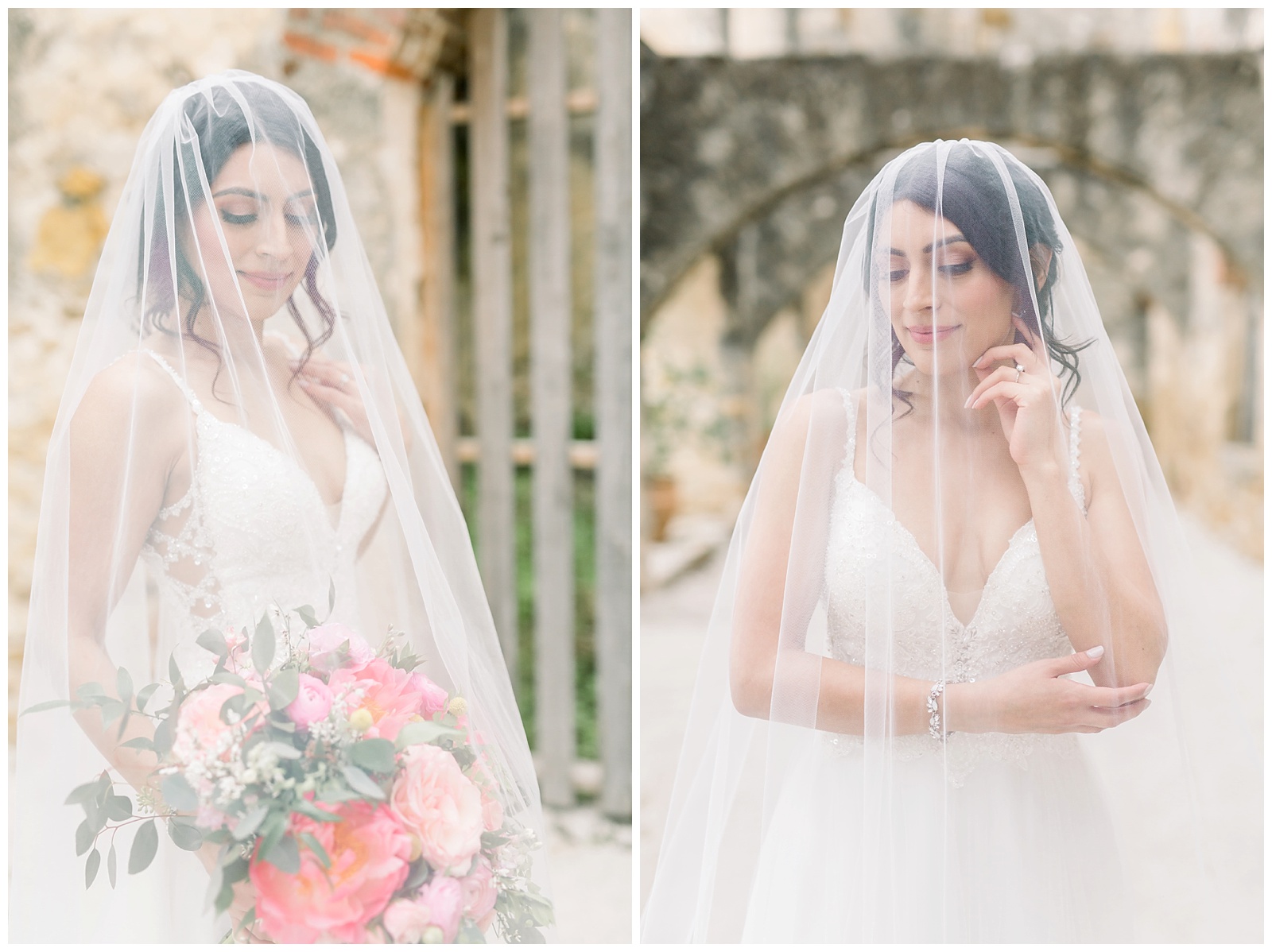 Bride standing with veil and florals v=for her Spanish Missions Bridal Portraits in San Antonio, TX with Monica Roberts Photography | www.monicaroberts.com