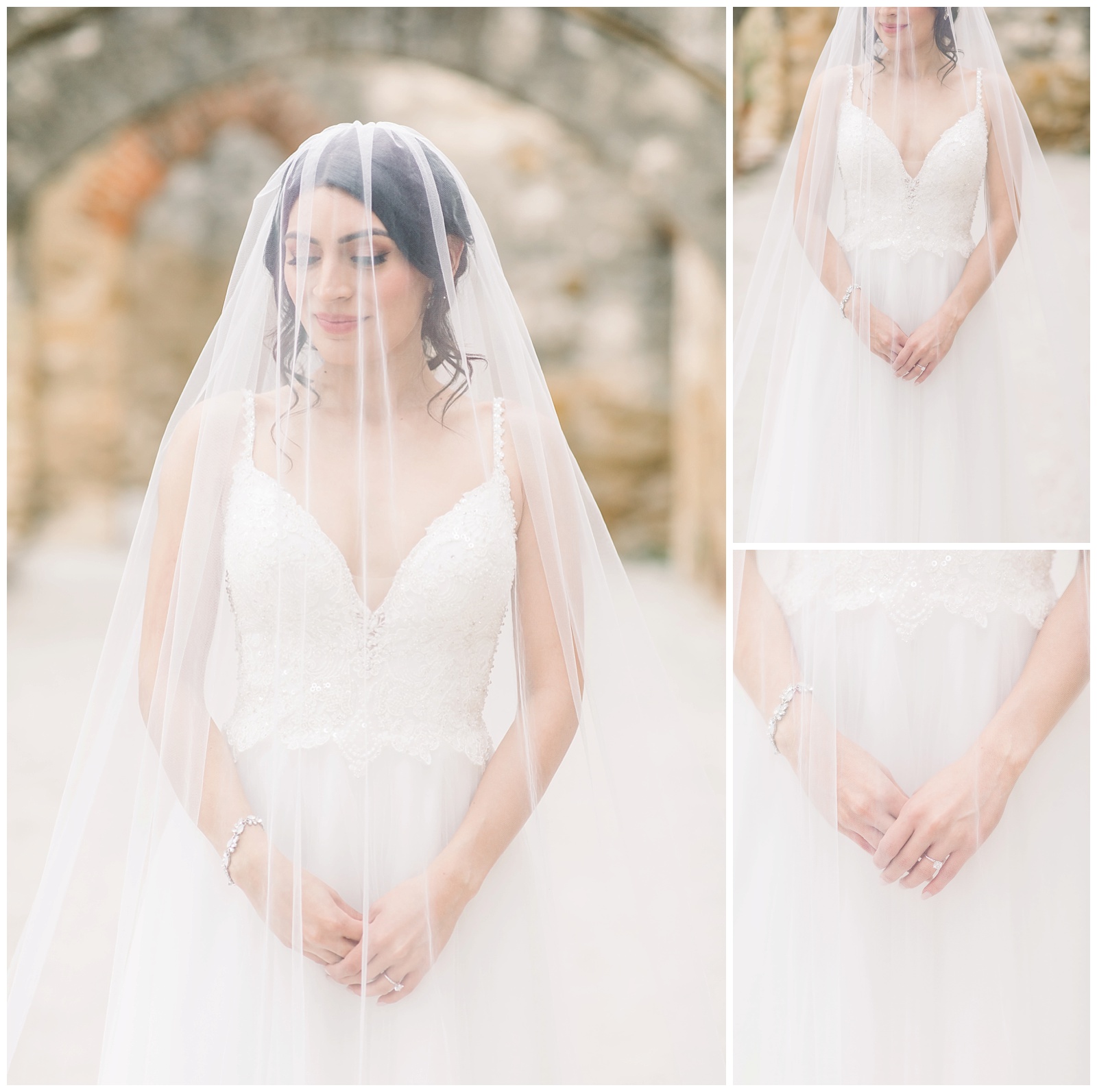 Hand and veil details for her Spanish Missions Bridal Portraits in San Antonio, TX with Monica Roberts Photography | www.monicaroberts.com