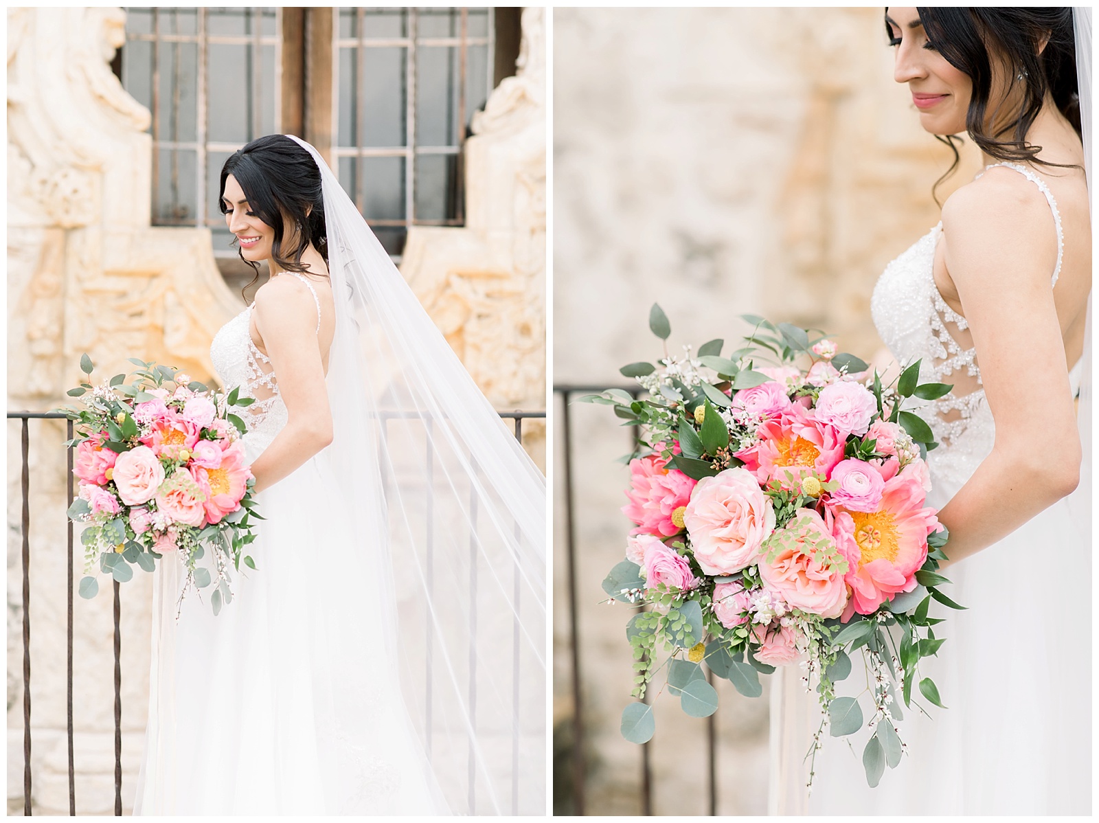pink and orange fine art florals for her Spanish Missions Bridal Portraits in San Antonio, TX with Monica Roberts Photography | www.monicaroberts.com