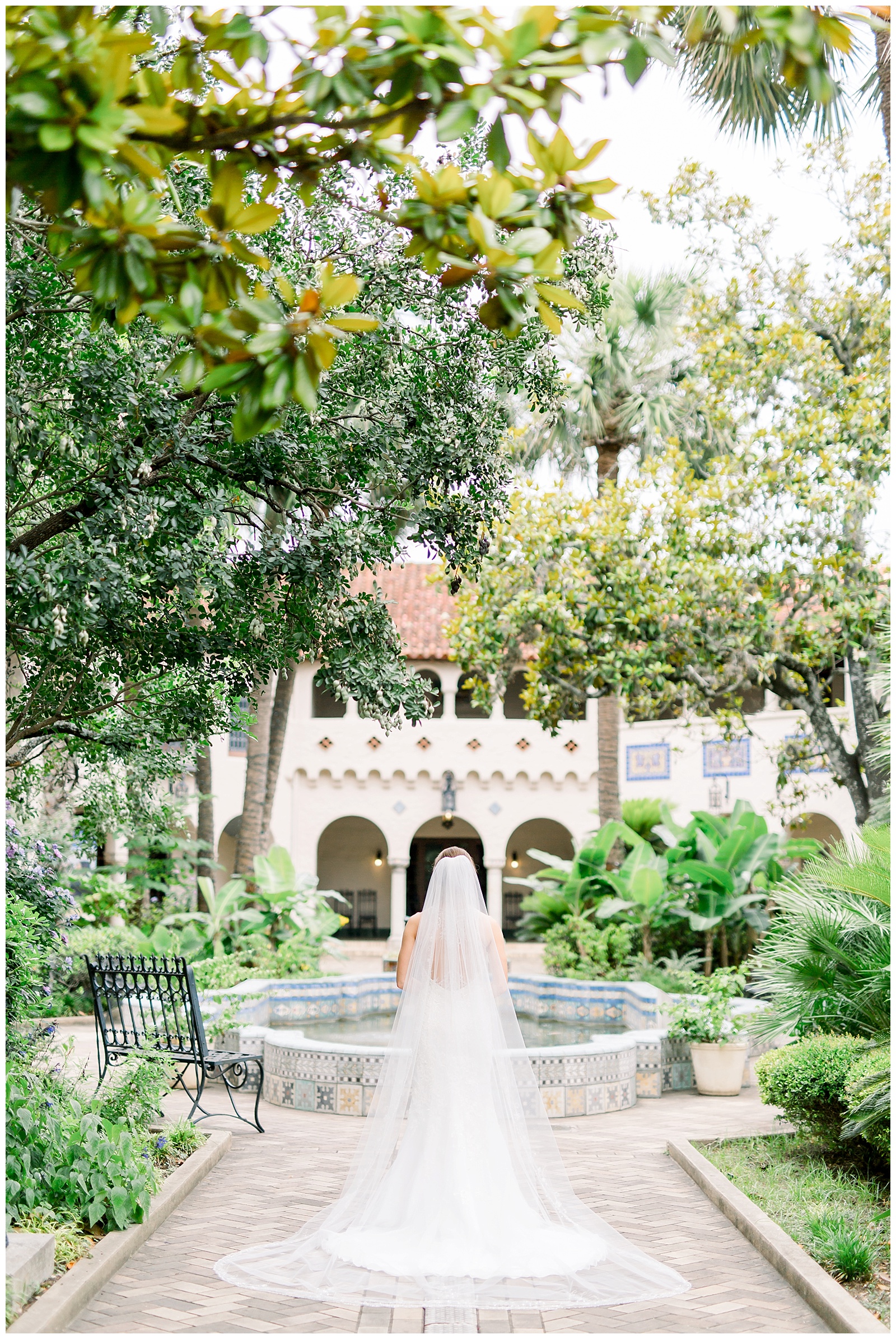 Bride in gorgeous wedding dress and veil at McNay Art Museum in San Antonio, TX for her Romantic Wedding Portraits with Monica Roberts Photography | www.monicaroberts.com