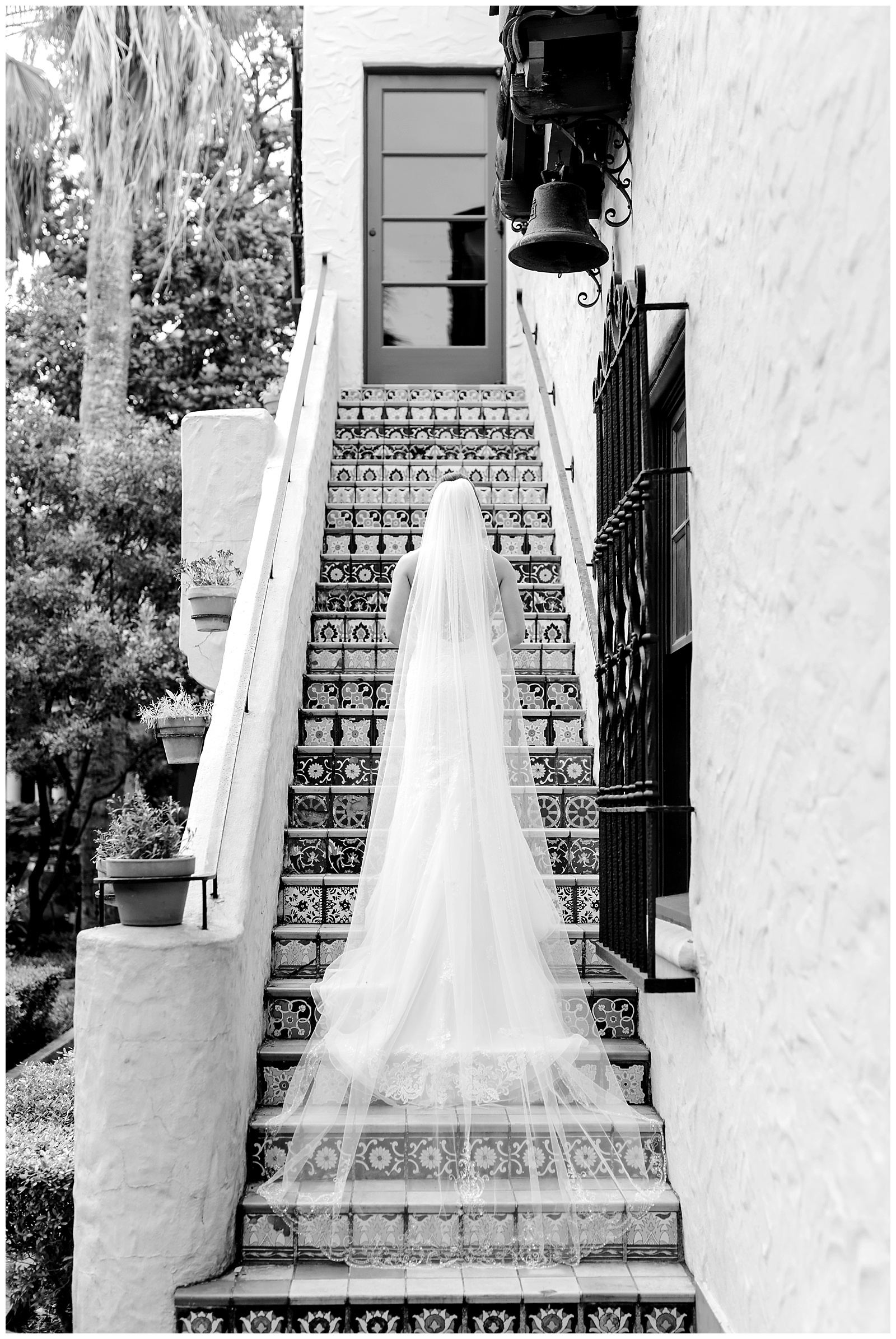 Bride walking up steps at the McNay Art Museum in San Antonio, TX for her Wedding Portraits with Monica Roberts Photography | www.monicaroberts.com