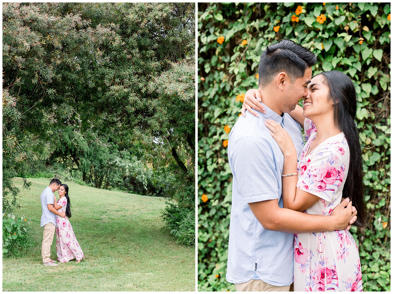 Gorgeous couple snuggling and kissing under vibrant trees with vines in background at Maui Hawaii Engagement-Kula Botanical Gardens Engagement - Ali'i Kula Lavendar Farm Engagement | Maui Hawaii and Destination, Engagement, Elopement and Wedding Photographer Monica Roberts Photography | www.monicaroberts.com