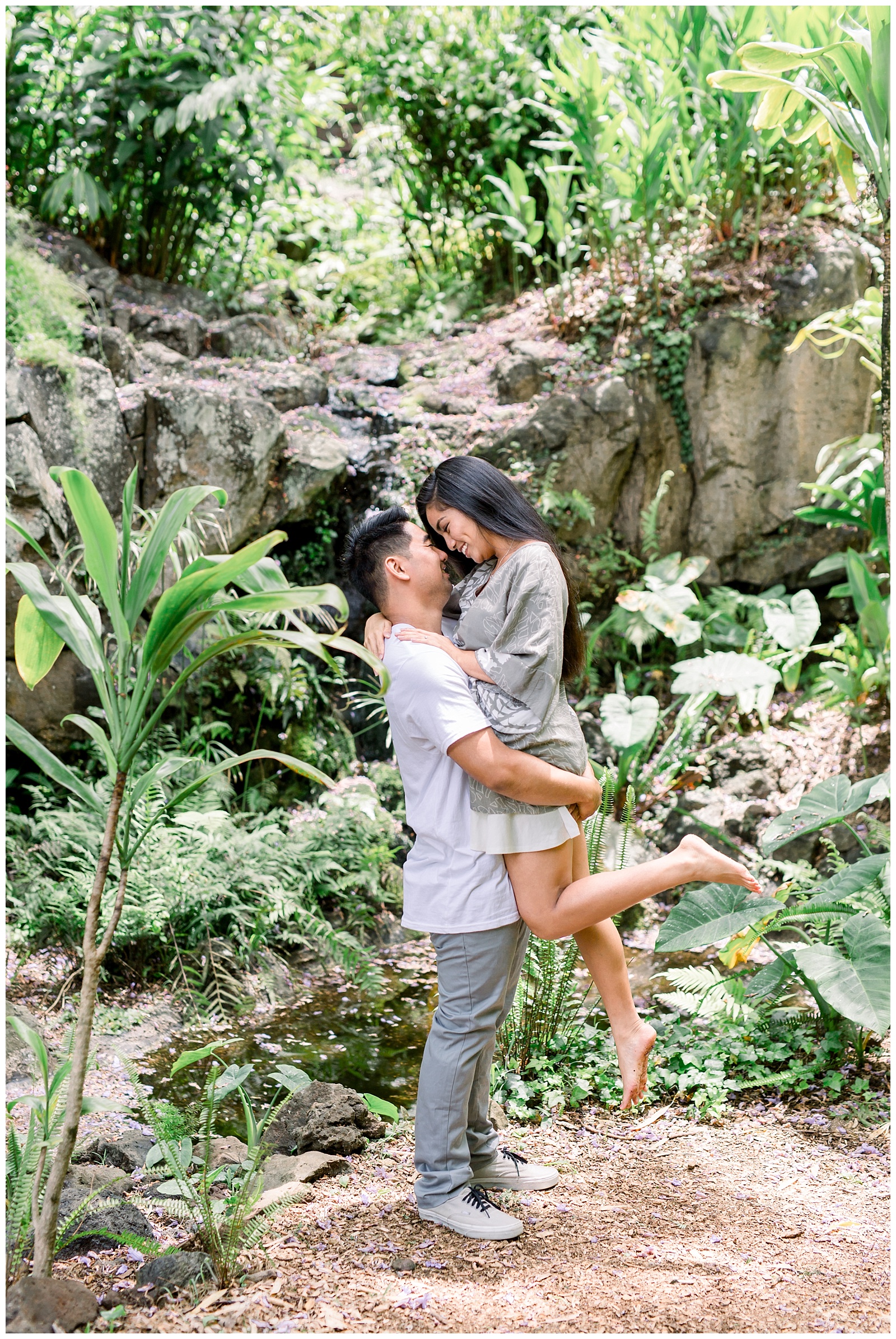 Close up of guy lifting his fiance off her feet to kiss her in romantic 'The Notebook' embrace- Maui Hawaii Engagement-Kula Botanical Gardens Engagement - Ali'i Kula Lavendar Farm Engagement | Maui Hawaii and Destination, Engagement, Elopement and Wedding Photographer Monica Roberts Photography | www.monicaroberts.com