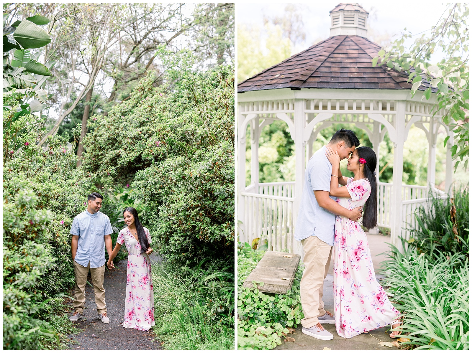Couple holds hands while walking through botanical gardens and embrace in front of gazebo in  Maui Hawaii Engagement-Kula Botanical Gardens Engagement - Ali'i Kula Lavendar Farm Engagement | Maui Hawaii and Destination, Engagement, Elopement and Wedding Photographer Monica Roberts Photography | www.monicaroberts.com