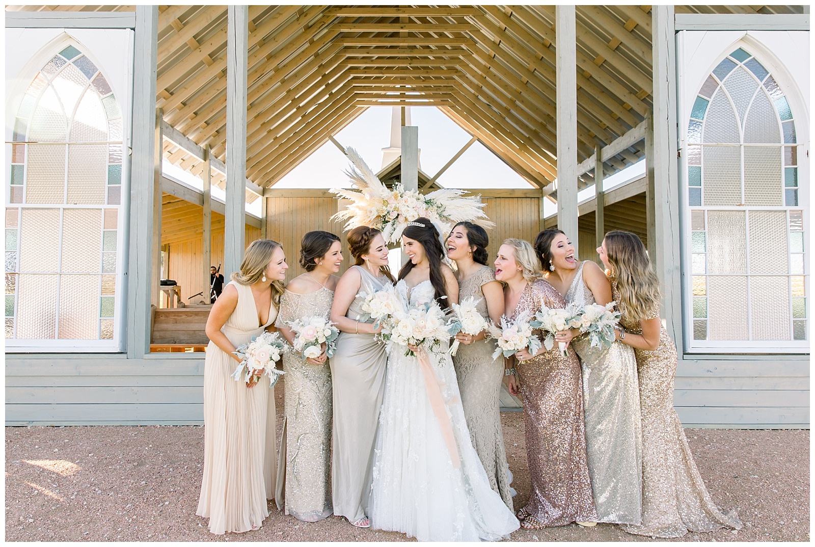 Bride and bridesmaids laughing in front of alter for a Romantic Wedding at The Allen Farmhaus in New Braunfels, TX | San Antonio-Maui-Destination Wedding Photographer | Monica Roberts Photography | www.monicaroberts.com