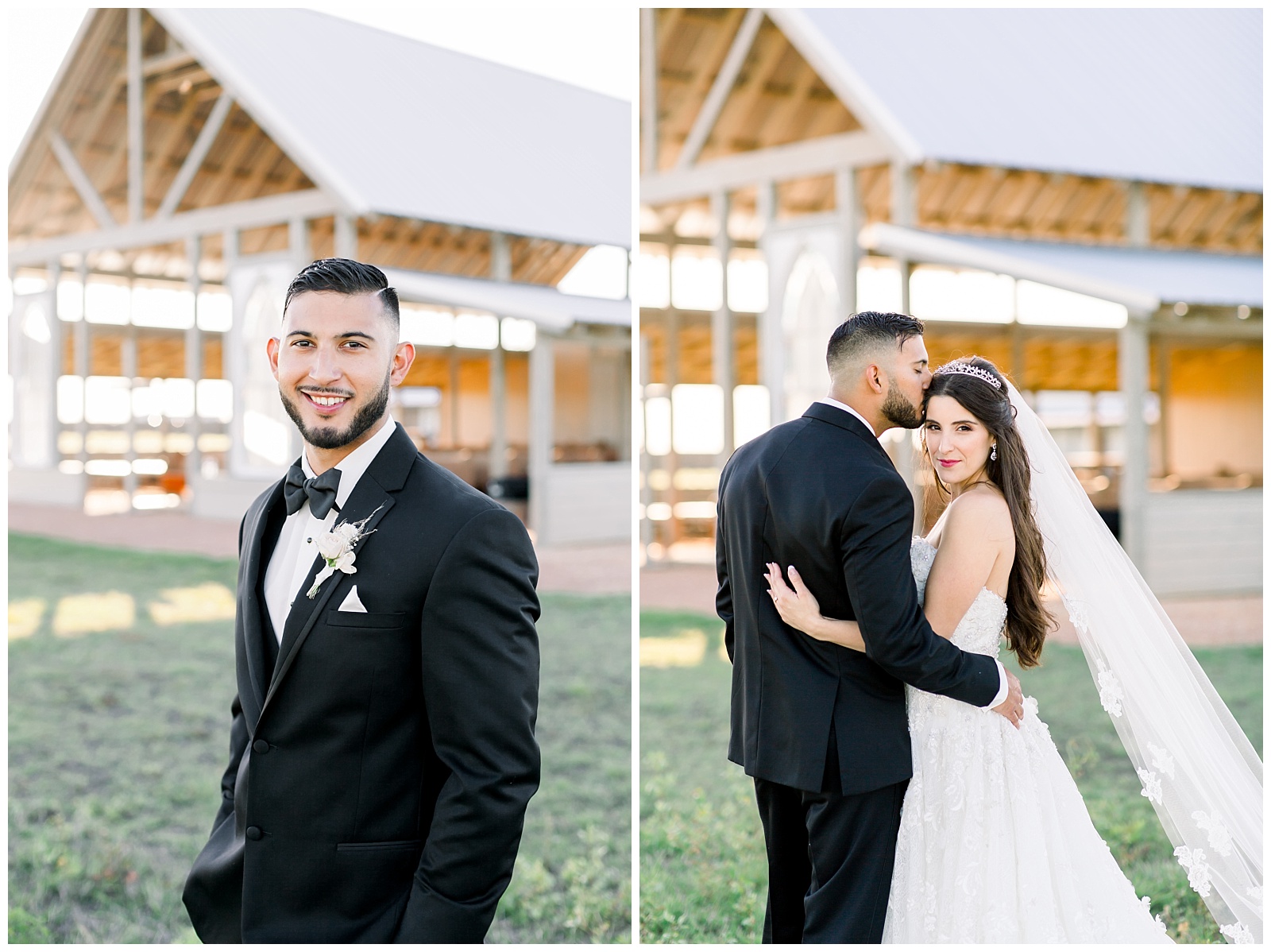 Side by side of groom and groom with his bride for a Romantic Wedding at The Allen Farmhaus in New Braunfels, TX | San Antonio-Maui-Destination Wedding Photographer | Monica Roberts Photography | www.monicaroberts.com