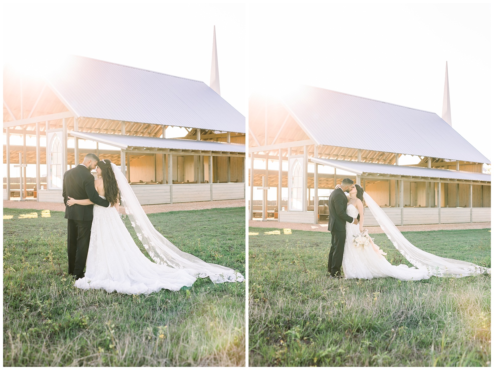 Beautiful side by sides of the bride and groom in the kissing during the sunset for a Romantic Wedding at The Allen Farmhaus in New Braunfels, TX | San Antonio-Maui-Destination Wedding Photographer | Monica Roberts Photography | www.monicaroberts.com