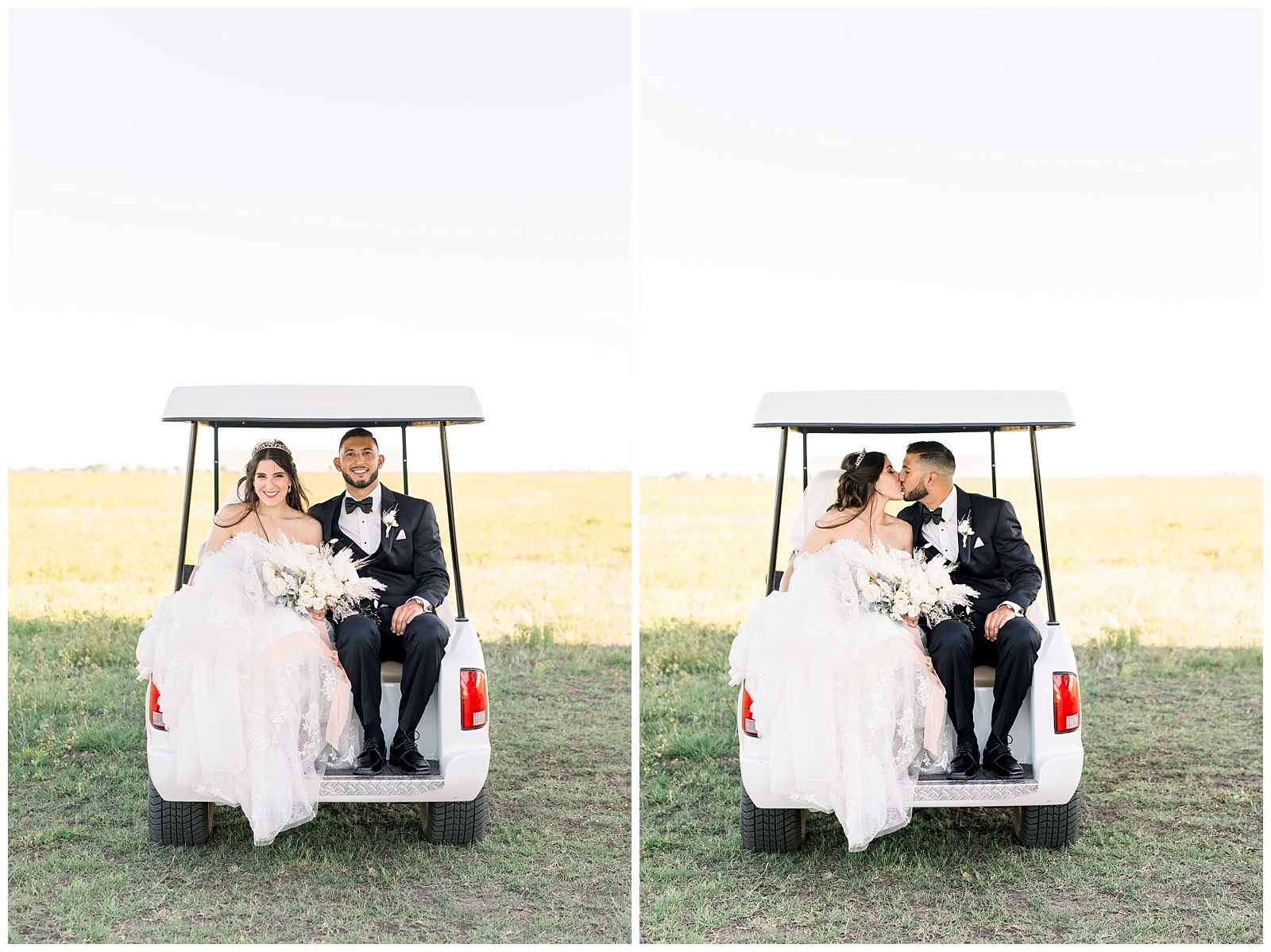 Cute side by sides of the bride and groom on their getaway golf cart at The Allen Farmhaus Wedding, TX by San Antonio-Maui-Destination Wedding Photographer | Monica Roberts Photography | www.monicaroberts.com