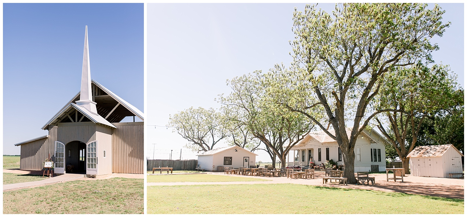 Two bright shots of the venue and the landscape at The Allen Farmhaus Wedding, TX by San Antonio-Maui-Destination Wedding Photographer | Monica Roberts Photography | www.monicaroberts.com