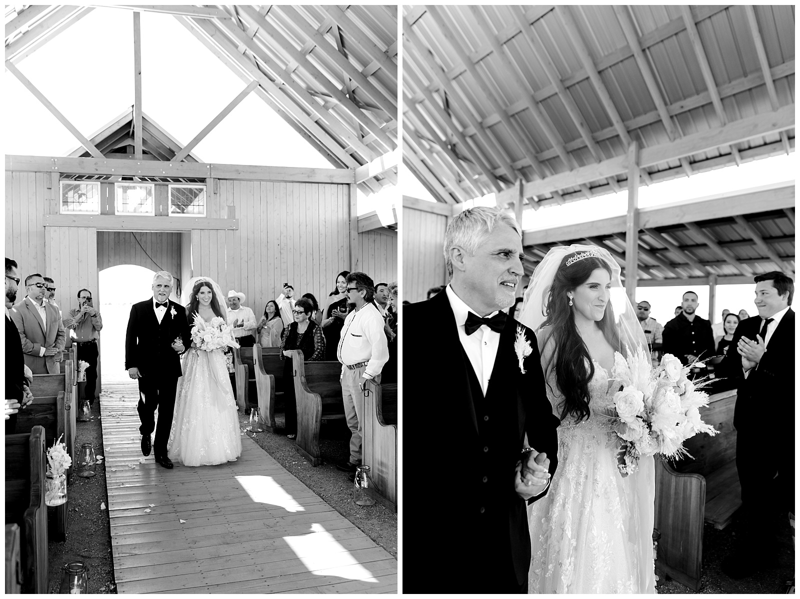 Black and white side by sides of bride walking down the aisle with her father at The Allen Farmhaus Wedding, TX by San Antonio-Maui-Destination Wedding Photographer | Monica Roberts Photography | www.monicaroberts.com