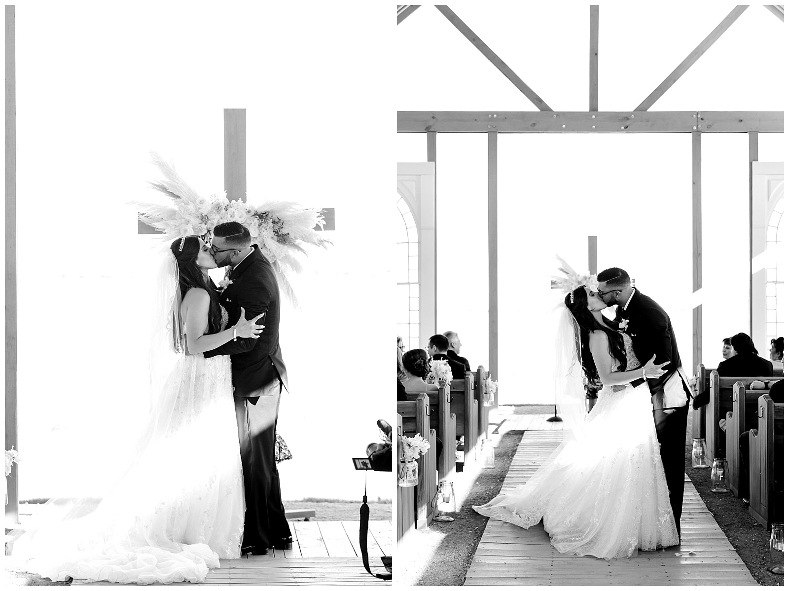 Black and white side by sides of bride and groom kissing at the alter at The Allen Farmhaus Wedding, TX by San Antonio-Maui-Destination Wedding Photographer | Monica Roberts Photography | www.monicaroberts.com