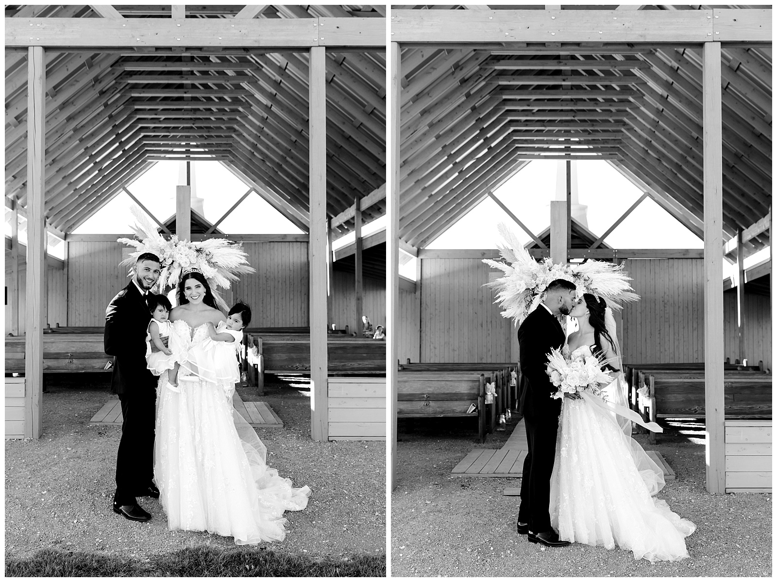 Gorgeous black and white side by sides of bride and groom kissing and holding their babies at The Allen Farmhaus Wedding, TX by San Antonio-Maui-Destination Wedding Photographer | Monica Roberts Photography | www.monicaroberts.com