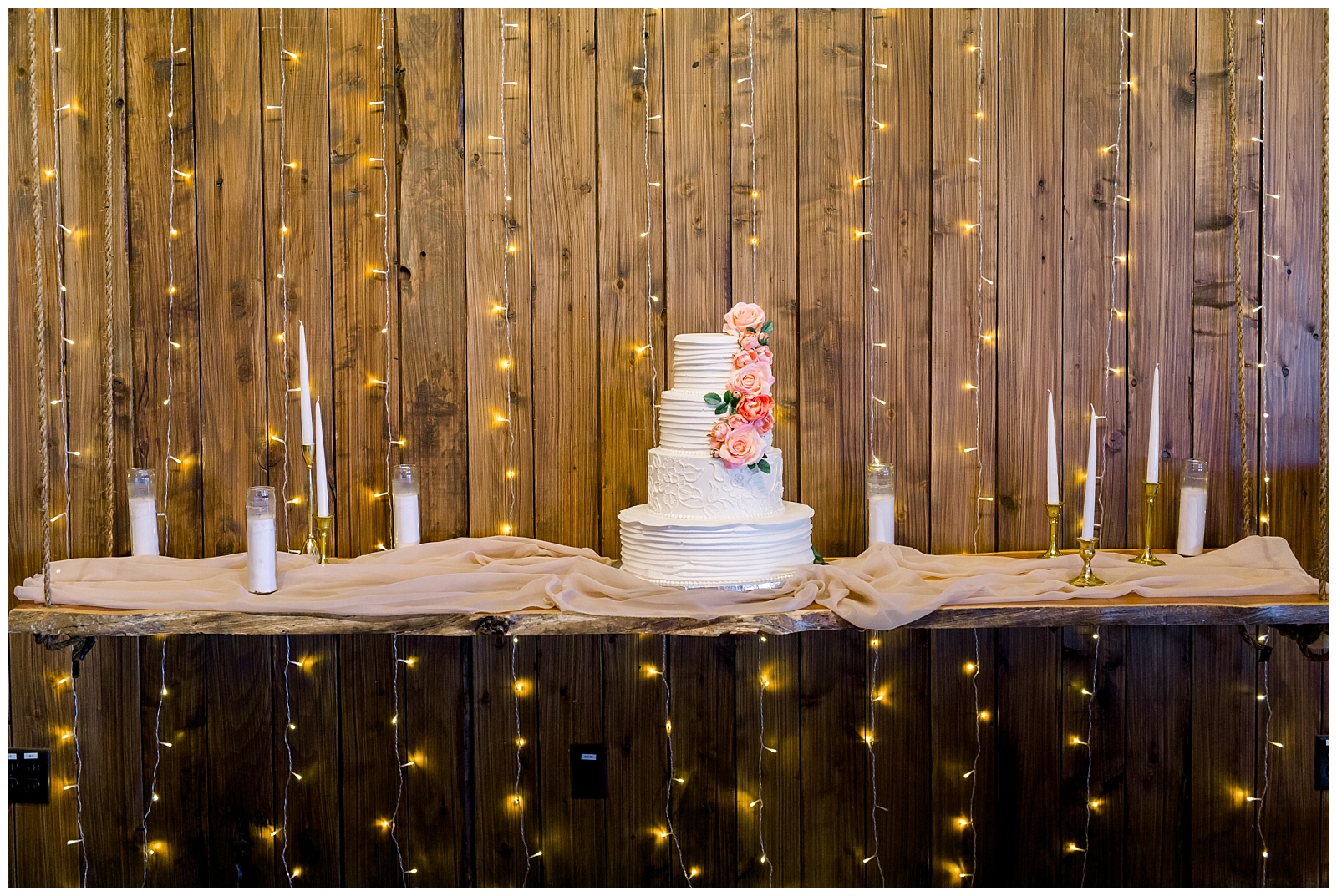 Rustic wedding cake and backdrop at The Allen Farmhaus Wedding, TX by San Antonio-Maui-Destination Wedding Photographer | Monica Roberts Photography | www.monicaroberts.com
