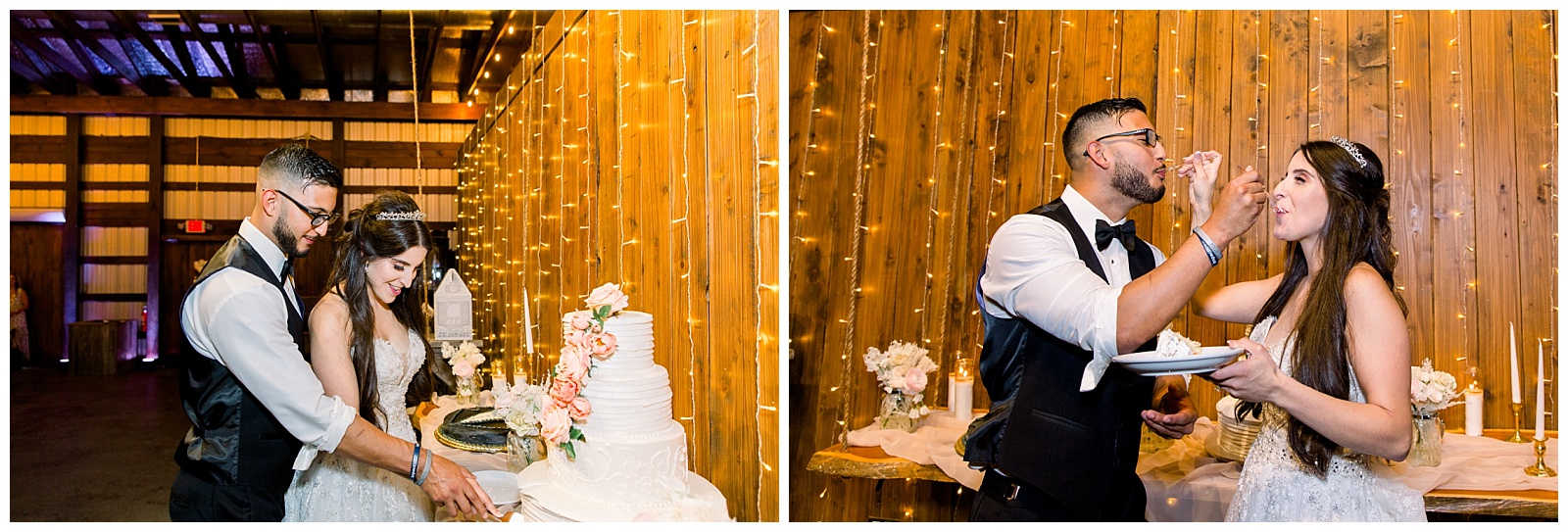 Bride and groom cutting and eating wedding cake at The Allen Farmhaus Wedding, TX by San Antonio-Maui-Destination Wedding Photographer | Monica Roberts Photography | www.monicaroberts.com
