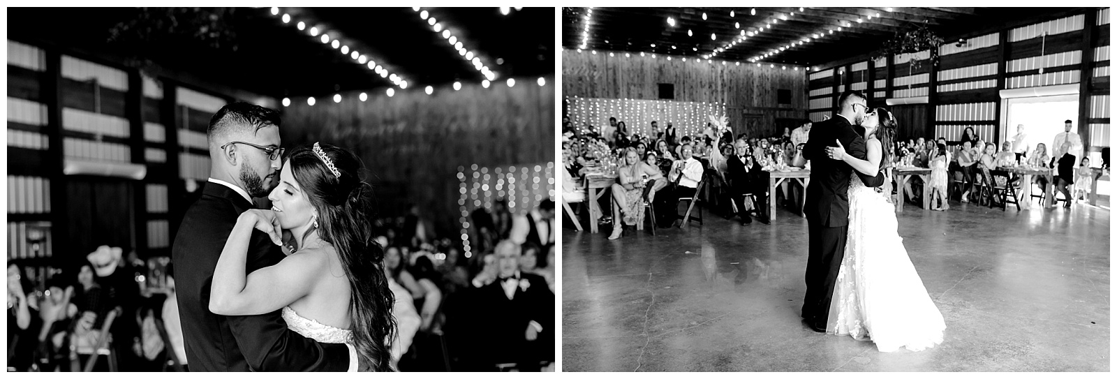 Black and white side by sides show the bride and groom nuzzling close during their first dance at The Allen Farmhaus Wedding, TX by San Antonio-Maui-Destination Wedding Photographer | Monica Roberts Photography | www.monicaroberts.com