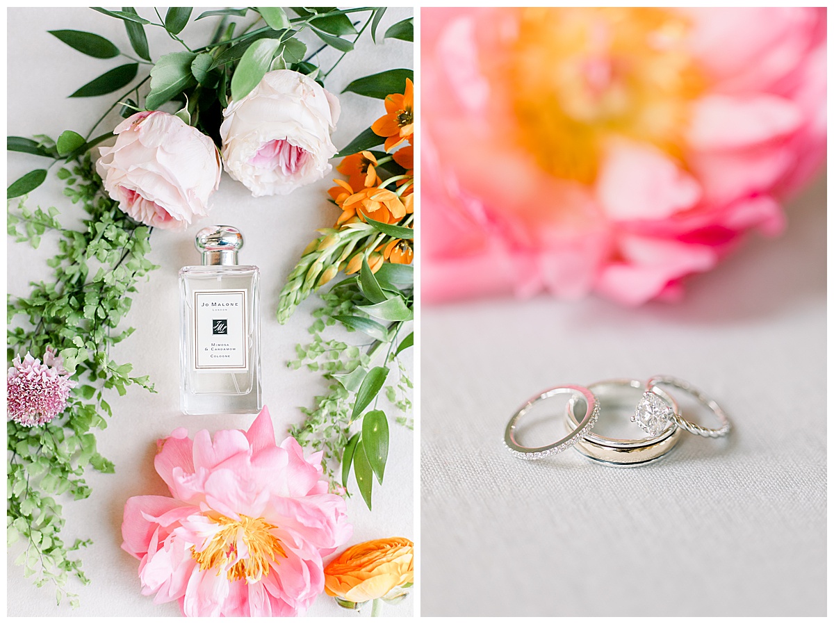 Perfume bottle surrounded by florals and wedding bands laying next to florals at Hyatt Regency Hill Country Resort Wedding in San Antonio, TX | San Antonio Wedding photographer| Destination Wedding Photographer| Monica Roberts Photography | monicaroberts.com