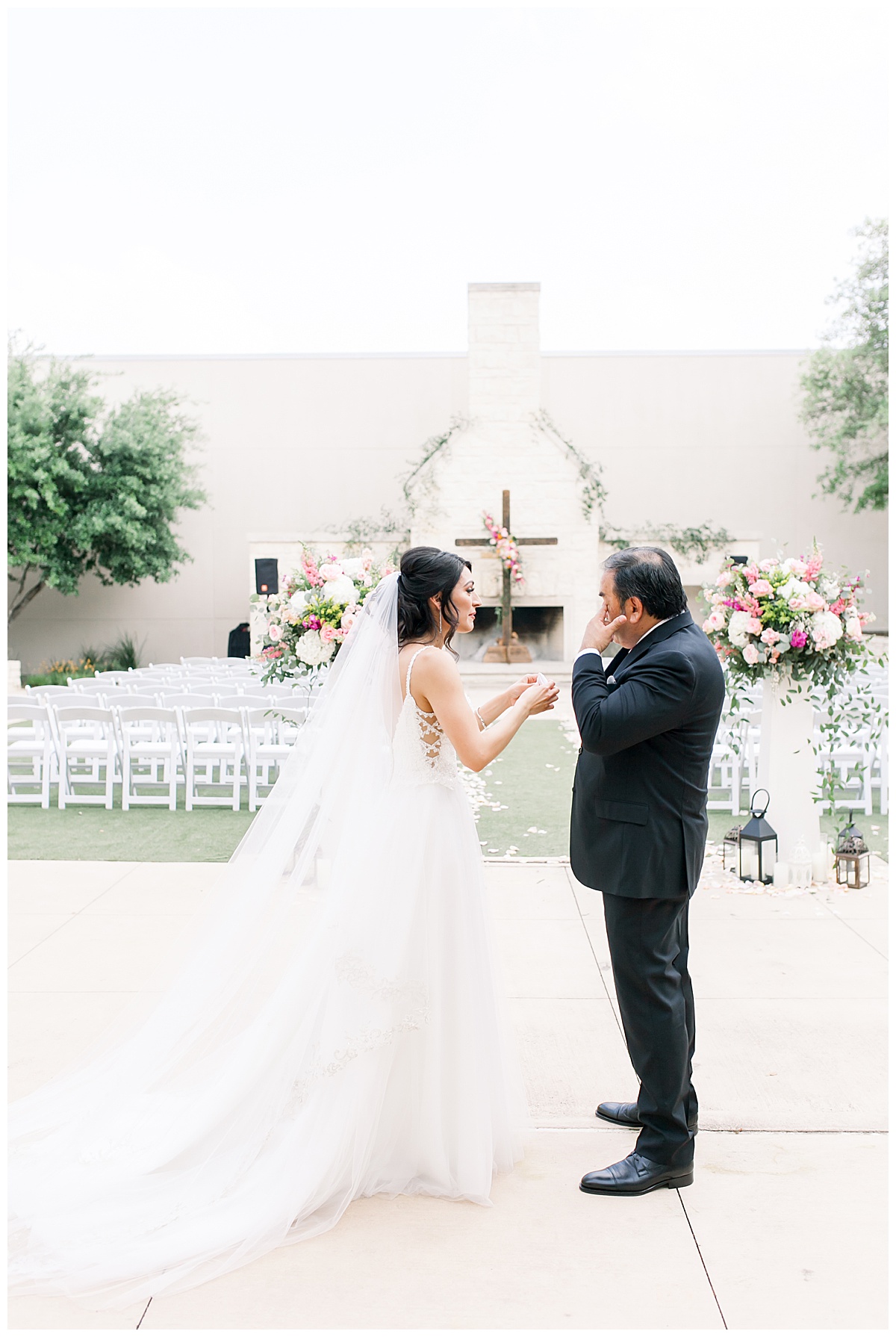 Bride wiping away her father's tears after he sees her for the first time at Hyatt Regency Hill Country Resort Wedding in San Antonio, TX | San Antonio Wedding photographer| Destination Wedding Photographer| Monica Roberts Photography | monicaroberts.com
