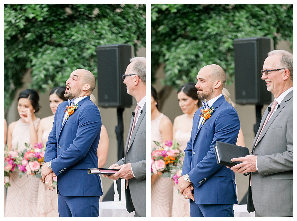 Groom's emotional reaction and trying not to cry after seeing his bride walking down the aisle at Hyatt Regency Hill Country Resort Wedding in San Antonio, TX | San Antonio Wedding photographer| Destination Wedding Photographer| Monica Roberts Photography | monicaroberts.com