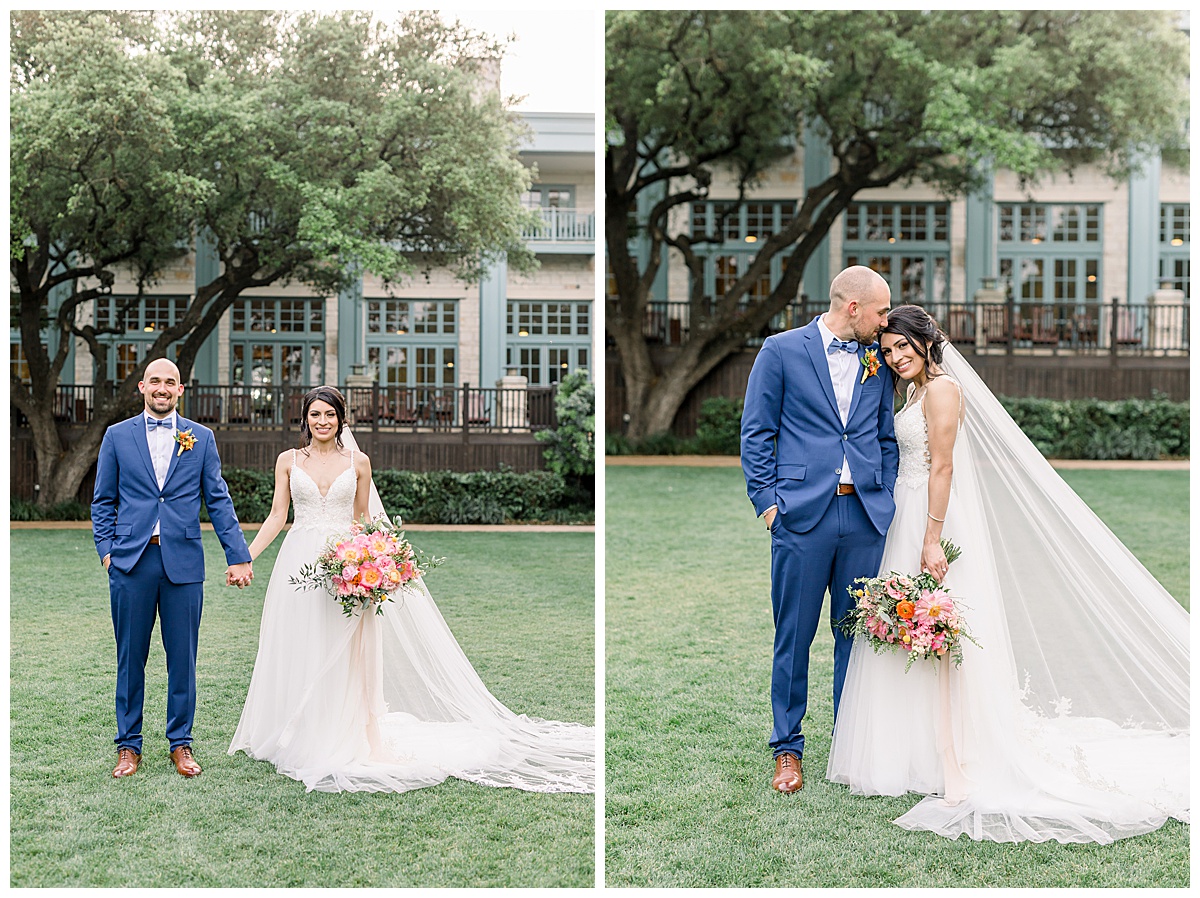 Bride and groom portraits standing together in grass with tree behind them at Hyatt Regency Hill Country Resort Wedding in San Antonio, TX | San Antonio Wedding photographer| Destination Wedding Photographer| Monica Roberts Photography | monicaroberts.com