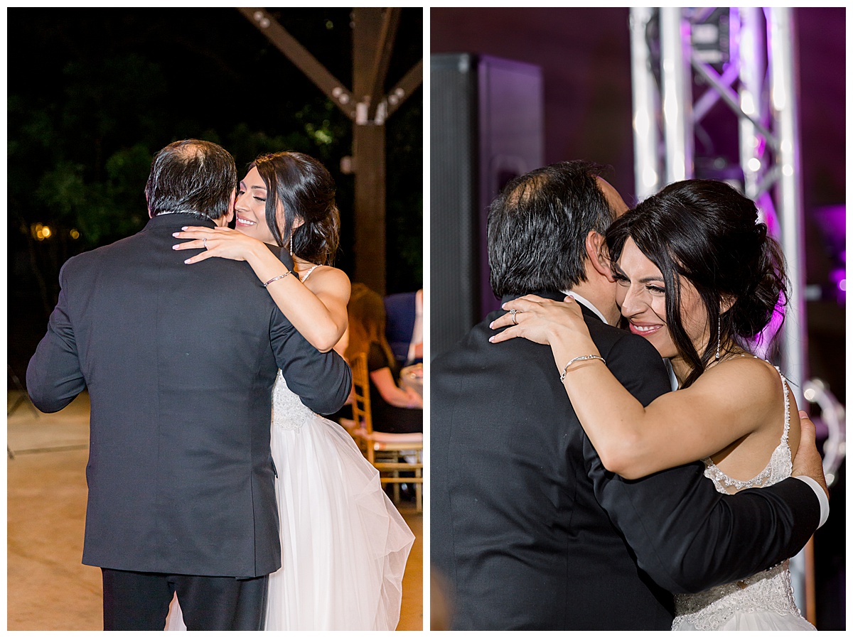 Bride smiling and hugging her father during father daughter dance at Hyatt Regency Hill Country Resort Wedding in San Antonio, TX | San Antonio Wedding photographer| Destination Wedding Photographer| Monica Roberts Photography | monicaroberts.com