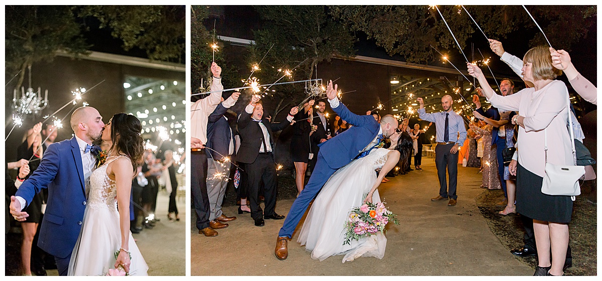 Grand exit kiss with sparklers at Hyatt Regency Hill Country Resort Wedding in San Antonio, TX | San Antonio Wedding photographer| Destination Wedding Photographer| Monica Roberts Photography | monicaroberts.com