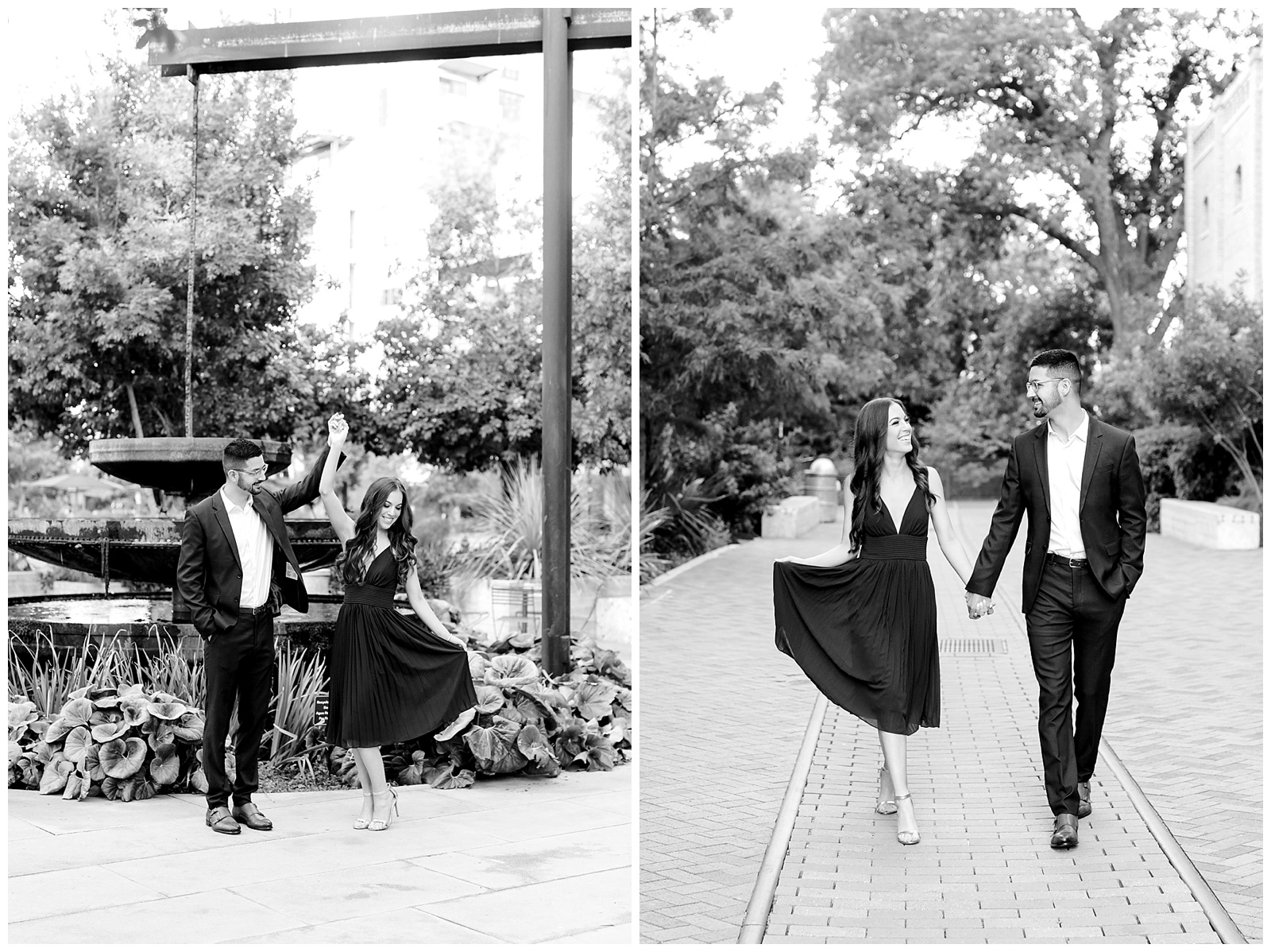 Black and white photo of couple walking at their Hotel Emma Engagement session in San Antonio, TX with Monica Roberts Photography | www.monicaroberts.com