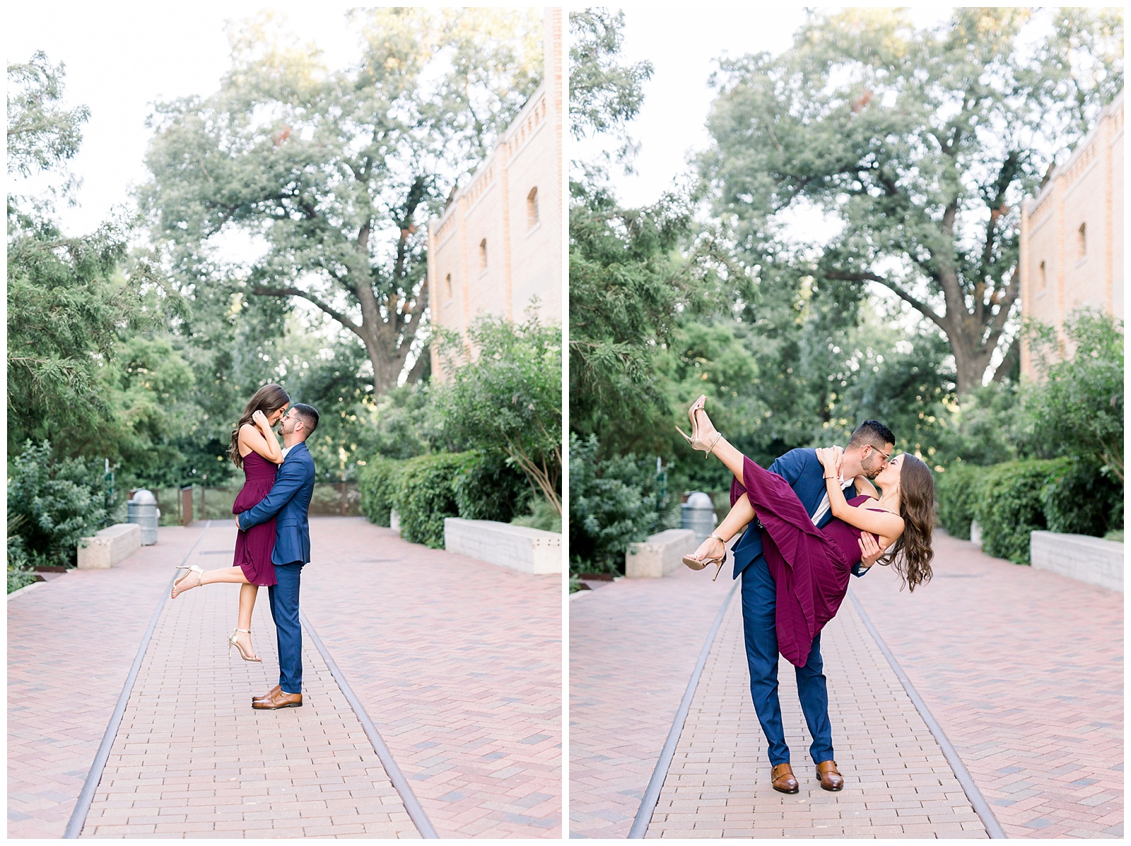 Groom dipping his bride at their Hotel Emma Engagement session in San Antonio, TX with Monica Roberts Photography | www.monicaroberts.com