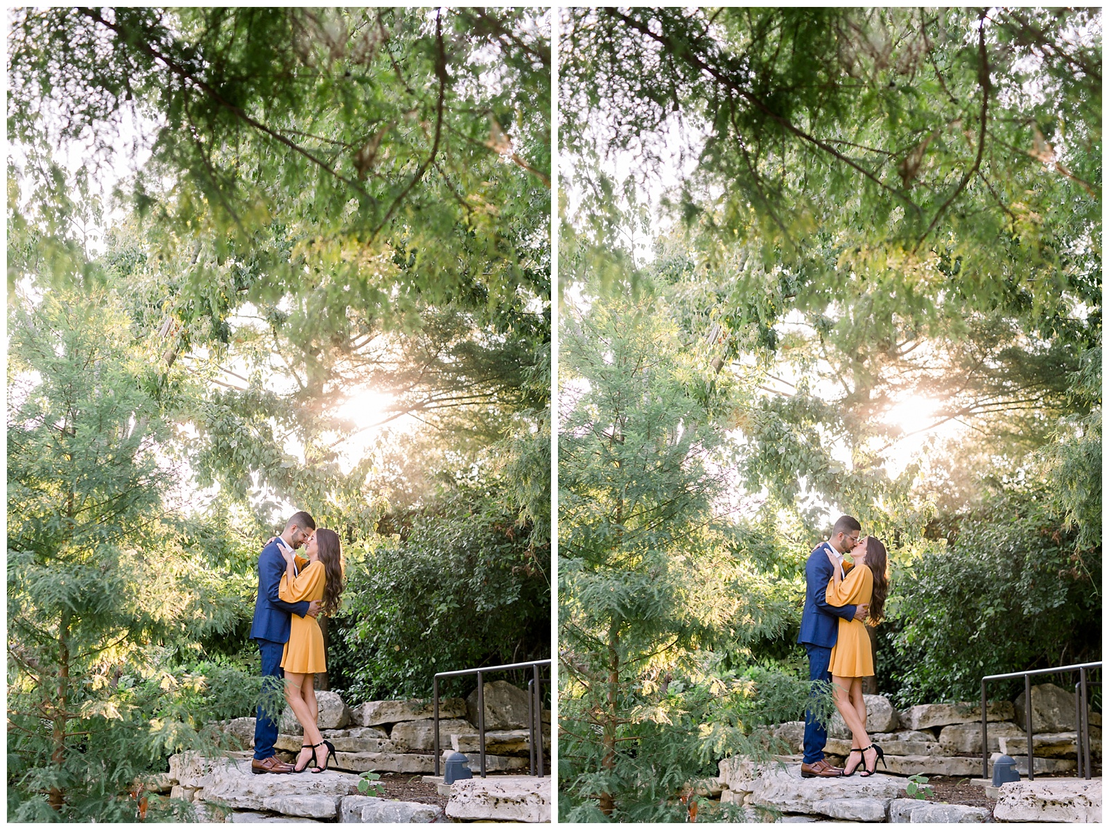 Couple kissing with the beautiful sunrise in back of them at their Hotel Emma Engagement session in San Antonio, TX with Monica Roberts Photography | www.monicaroberts.com