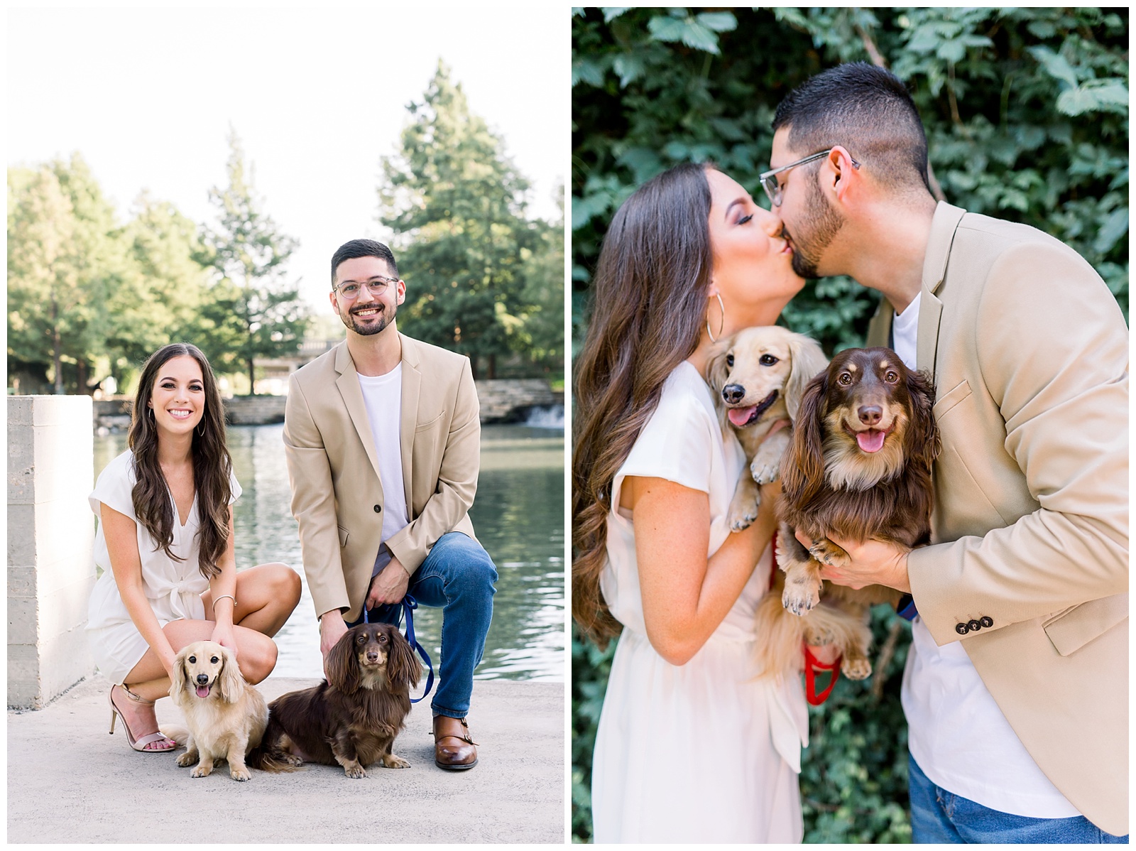 Couple kissing while holding their puppies at their Hotel Emma Engagement session in San Antonio, TX with Monica Roberts Photography | www.monicaroberts.com