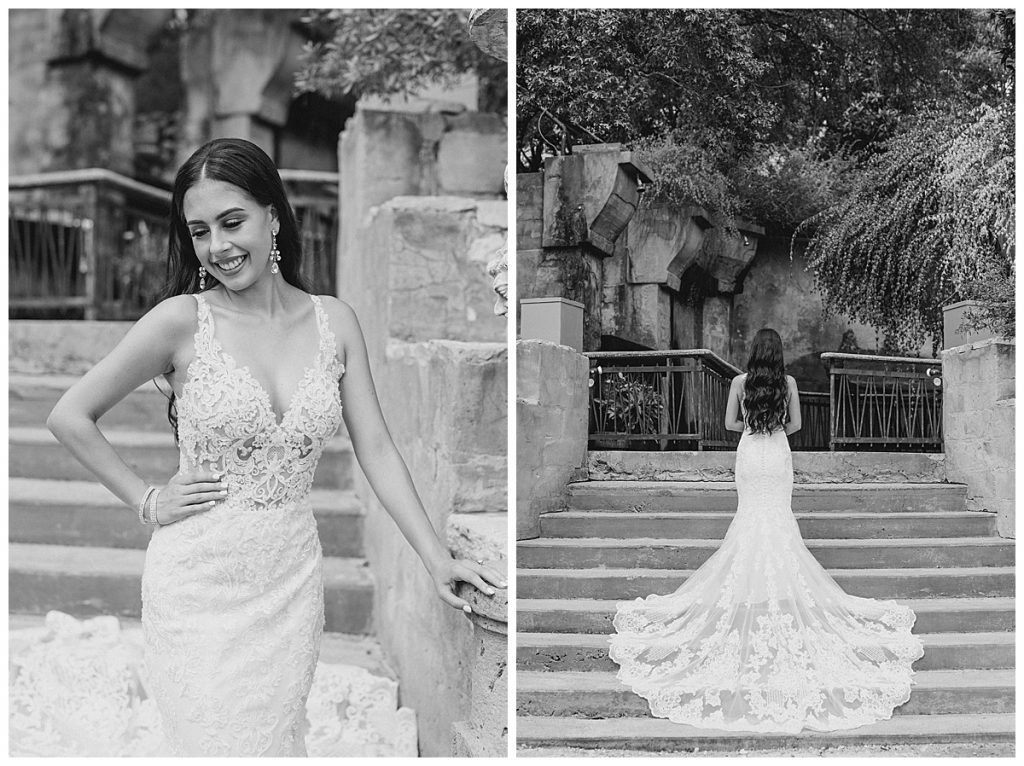 Black and white of bride standing on villa steps smiling| wedding dress train| Villa Antonia| Austin, TX wedding photographer| www.monicaroberts.com