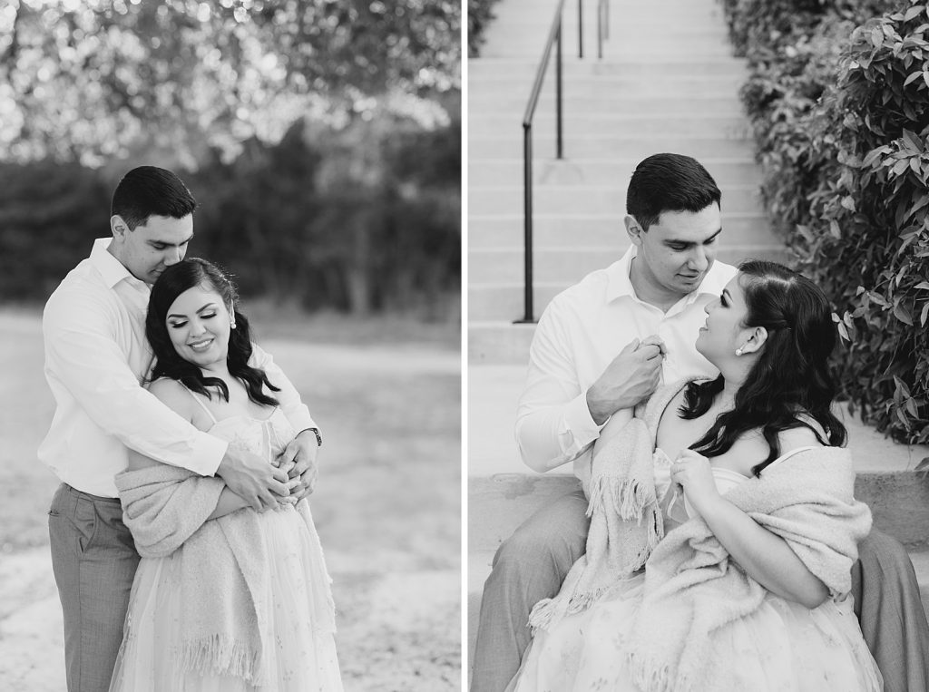 beautiful black and white image of couple snuggling for a Romantic Engagement session at Kendall Plantation with Monica Roberts Photography www.monicaroberts.com