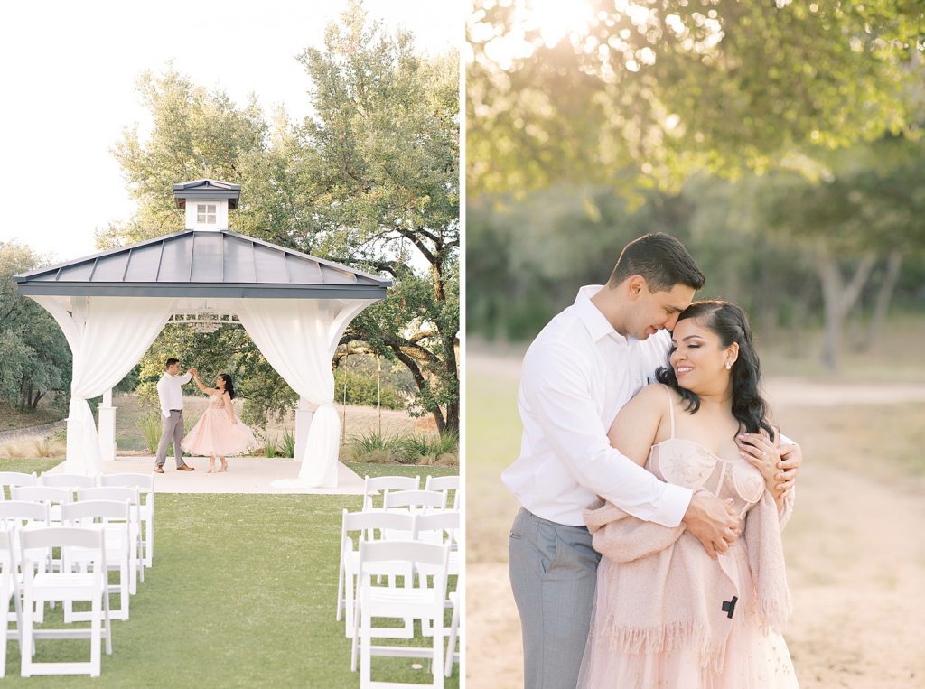 groom twirls his bride under a gazebo for a Romantic Engagement session at Kendall Plantation with Monica Roberts Photography www.monicaroberts.com