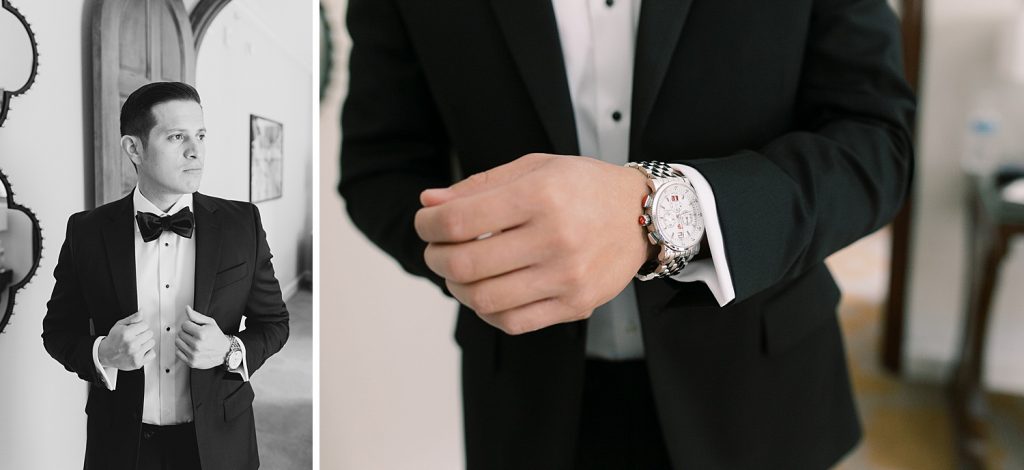 Groom fixing his watch for a wedding at the Jack Guenther Pavilion at the Briscoe in San Antonio with Monica Roberts Photography - https://monicaroberts.com/