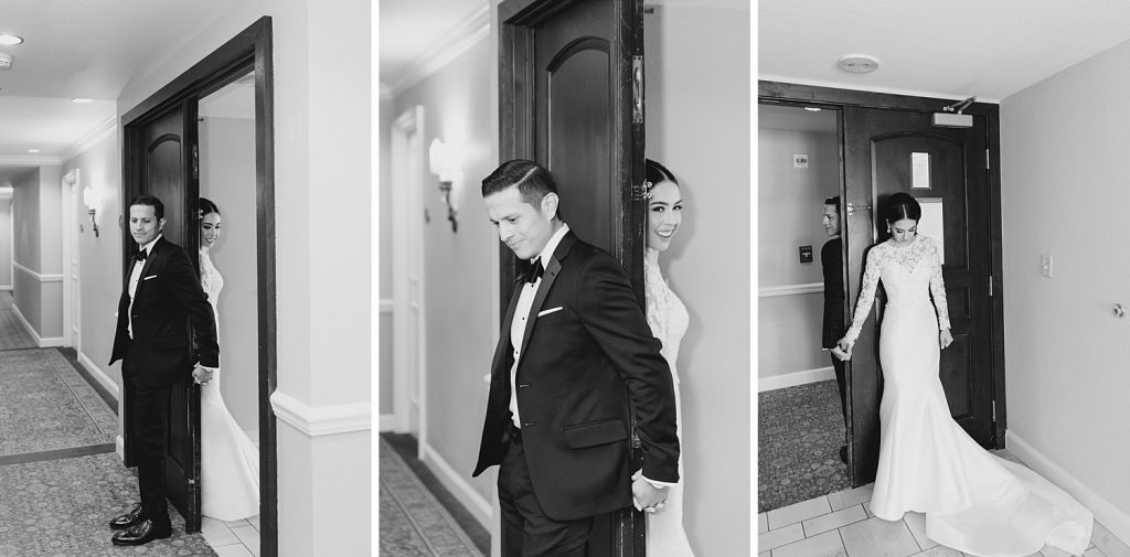 blind first look with bride and groom for a wedding at the Jack Guenther Pavilion at the Briscoe in San Antonio with Monica Roberts Photography - https://monicaroberts.com/