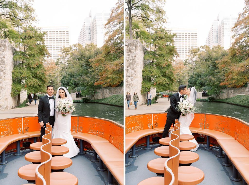 couple shares a kiss on the riverboat for a wedding at the Jack Guenther Pavilion at the Briscoe in San Antonio with Monica Roberts Photography - https://monicaroberts.com/