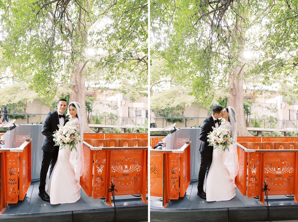 Bride and groom kiss on the riverboat for a wedding at the Jack Guenther Pavilion at the Briscoe in San Antonio with Monica Roberts Photography - https://monicaroberts.com/