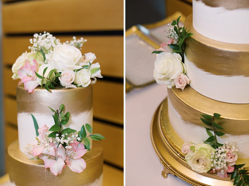 gold and white cake with pink flowers for a wedding at the Jack Guenther Pavilion at the Briscoe in San Antonio with Monica Roberts Photography - https://monicaroberts.com/