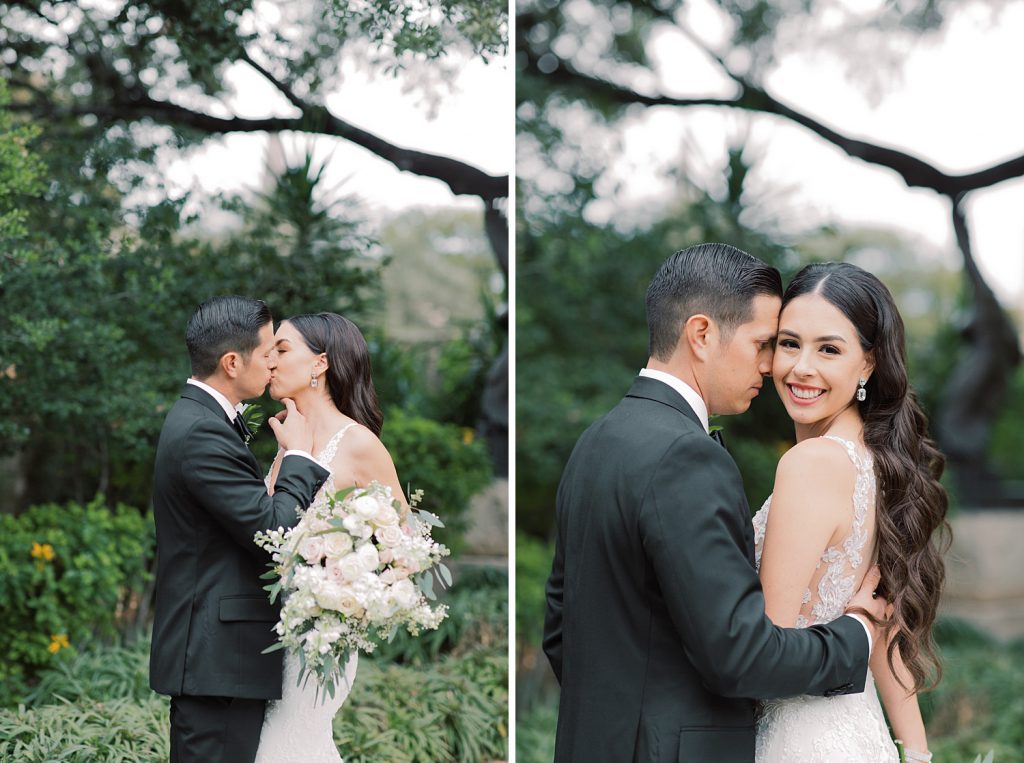 bride and groom sharing a kiss for a wedding at the Jack Guenther Pavilion at the Briscoe in San Antonio with Monica Roberts Photography - https://monicaroberts.com/