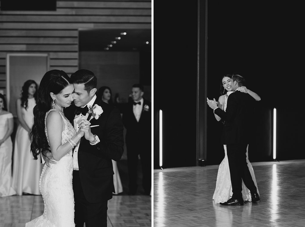 classic black and white image of bride and groom first dance for a wedding at the Jack Guenther Pavilion at the Briscoe in San Antonio with Monica Roberts Photography - https://monicaroberts.com/