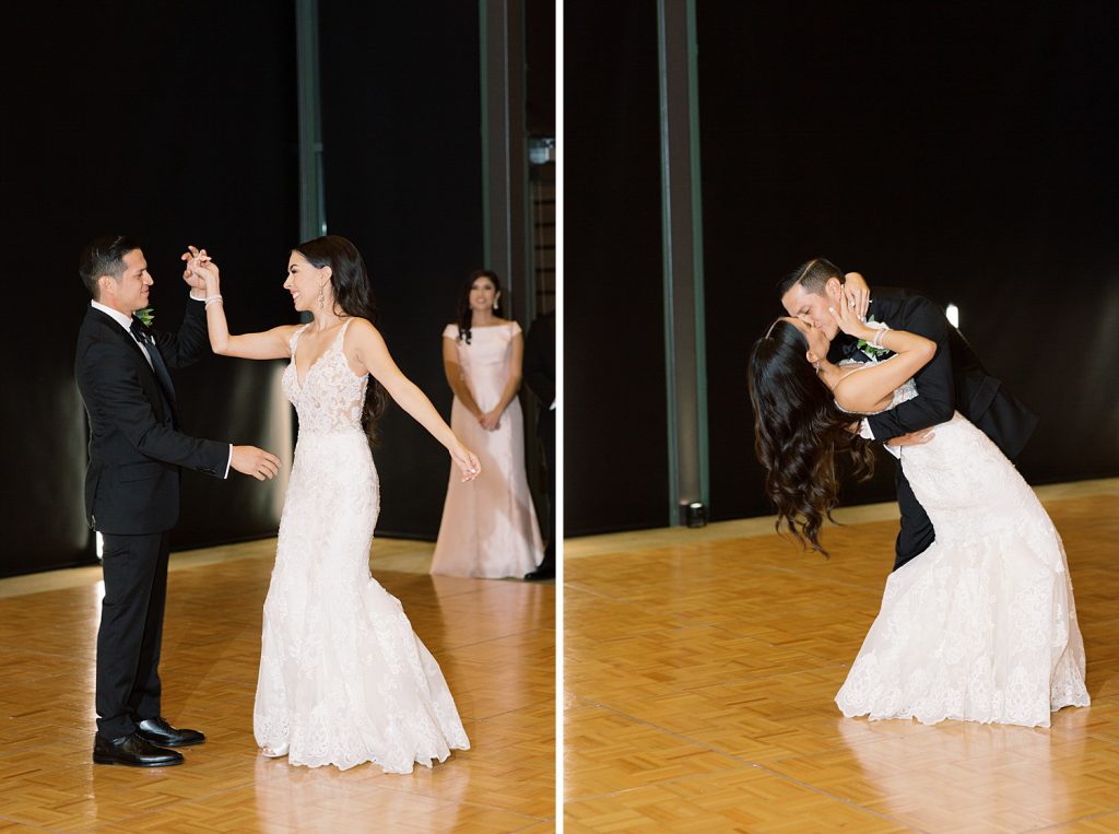groom dipping his bride for their first dance for a wedding at the Jack Guenther Pavilion at the Briscoe in San Antonio with Monica Roberts Photography - https://monicaroberts.com/