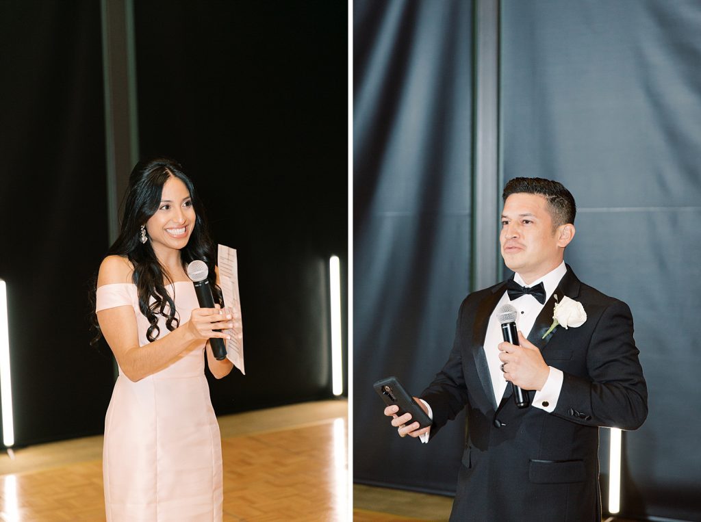 bridesmaid and best man give speech for a wedding at the Jack Guenther Pavilion at the Briscoe in San Antonio with Monica Roberts Photography - https://monicaroberts.com/