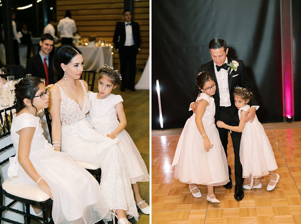 groom dances with flower girl for a wedding at the Jack Guenther Pavilion at the Briscoe in San Antonio with Monica Roberts Photography - https://monicaroberts.com/