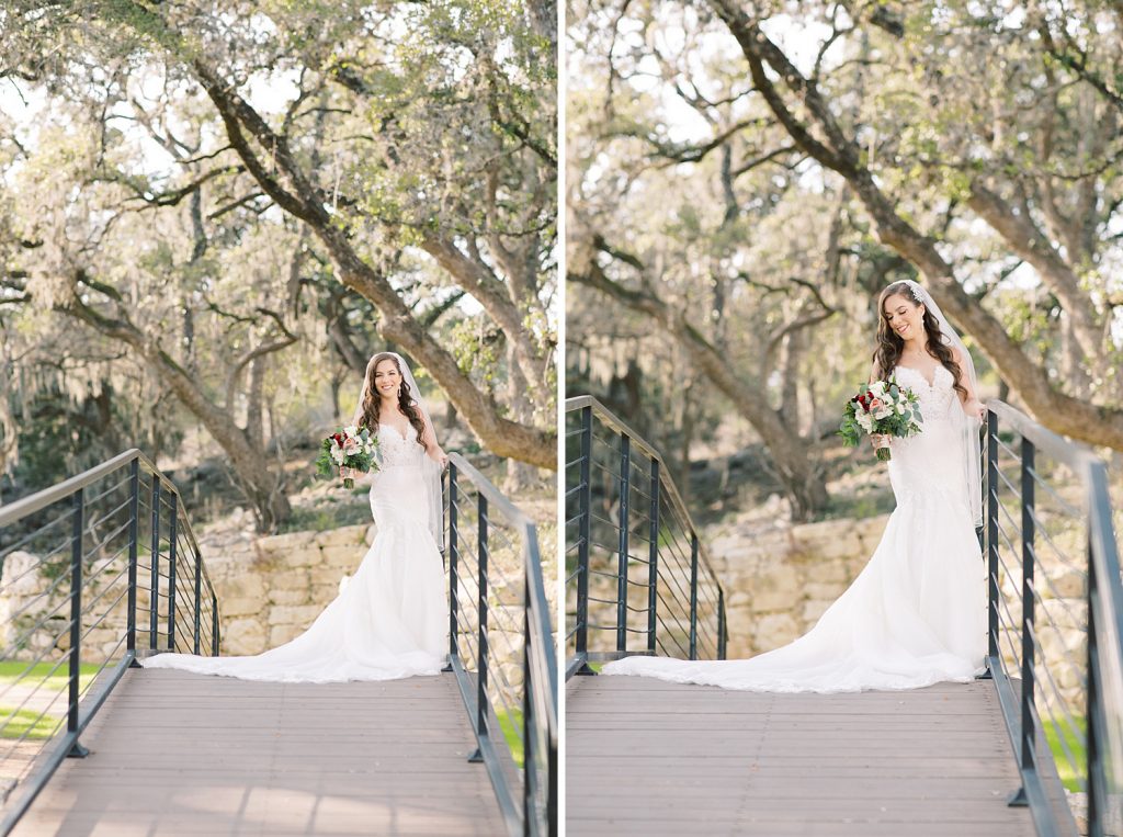 bride standing on a bridge under moss tress holding her bouquet for her Bridal Portraits at Hayes Hollow in Spring Branch, TX with Monica Roberts Photography www.monicaroberts.com