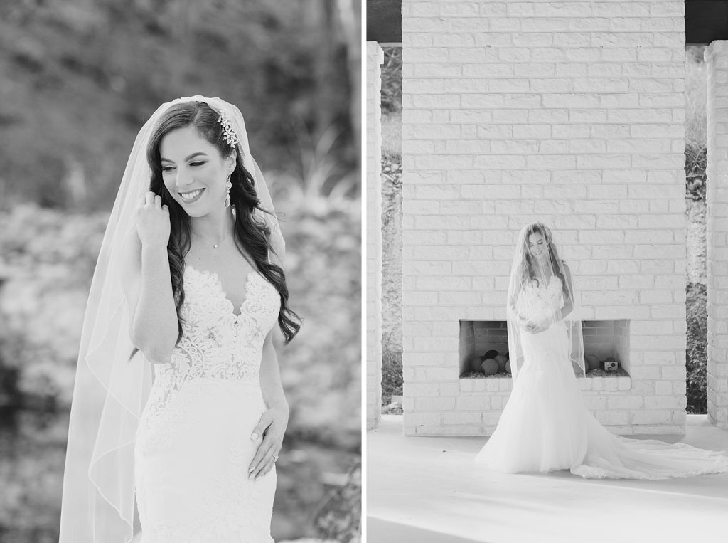 timeless black and white photo of bride smiling for her Bridal Portraits at Hayes Hollow in Spring Branch, TX with Monica Roberts Photography www.monicaroberts.com